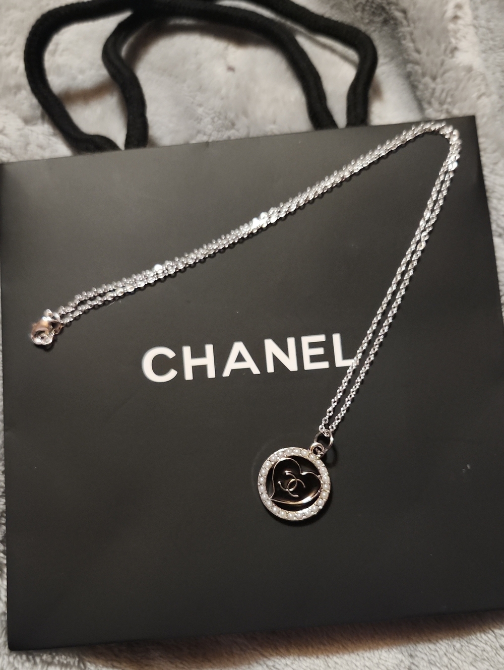 Silver Black Circle CC Pendant Necklace with Crystal Halo And Gift Bag
